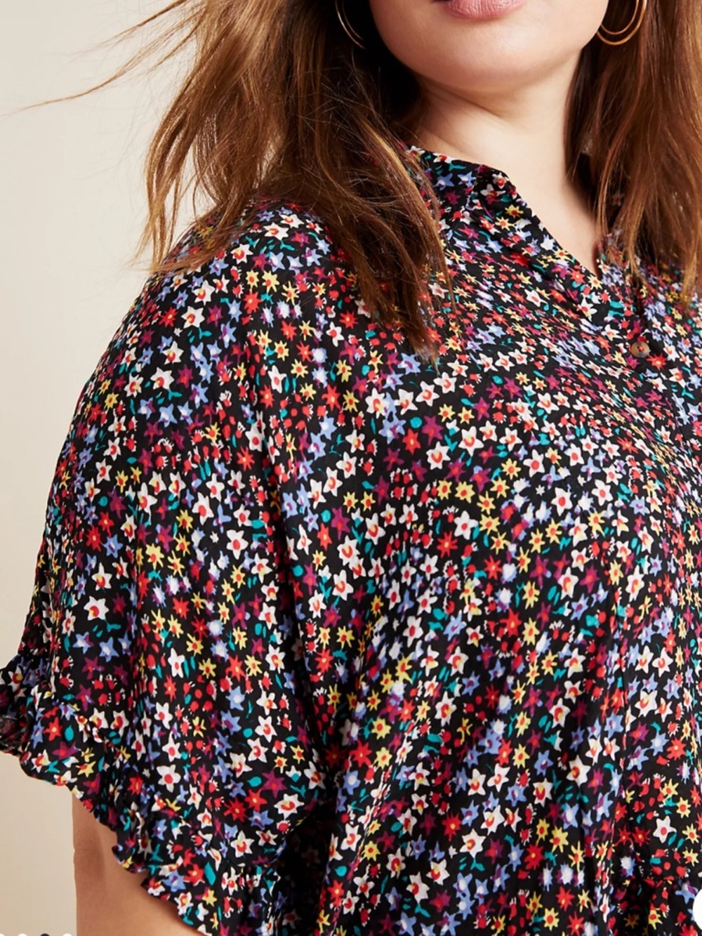 Anthropologie Maeve Mallory Ruffled Blouse in Black Multi Floral
